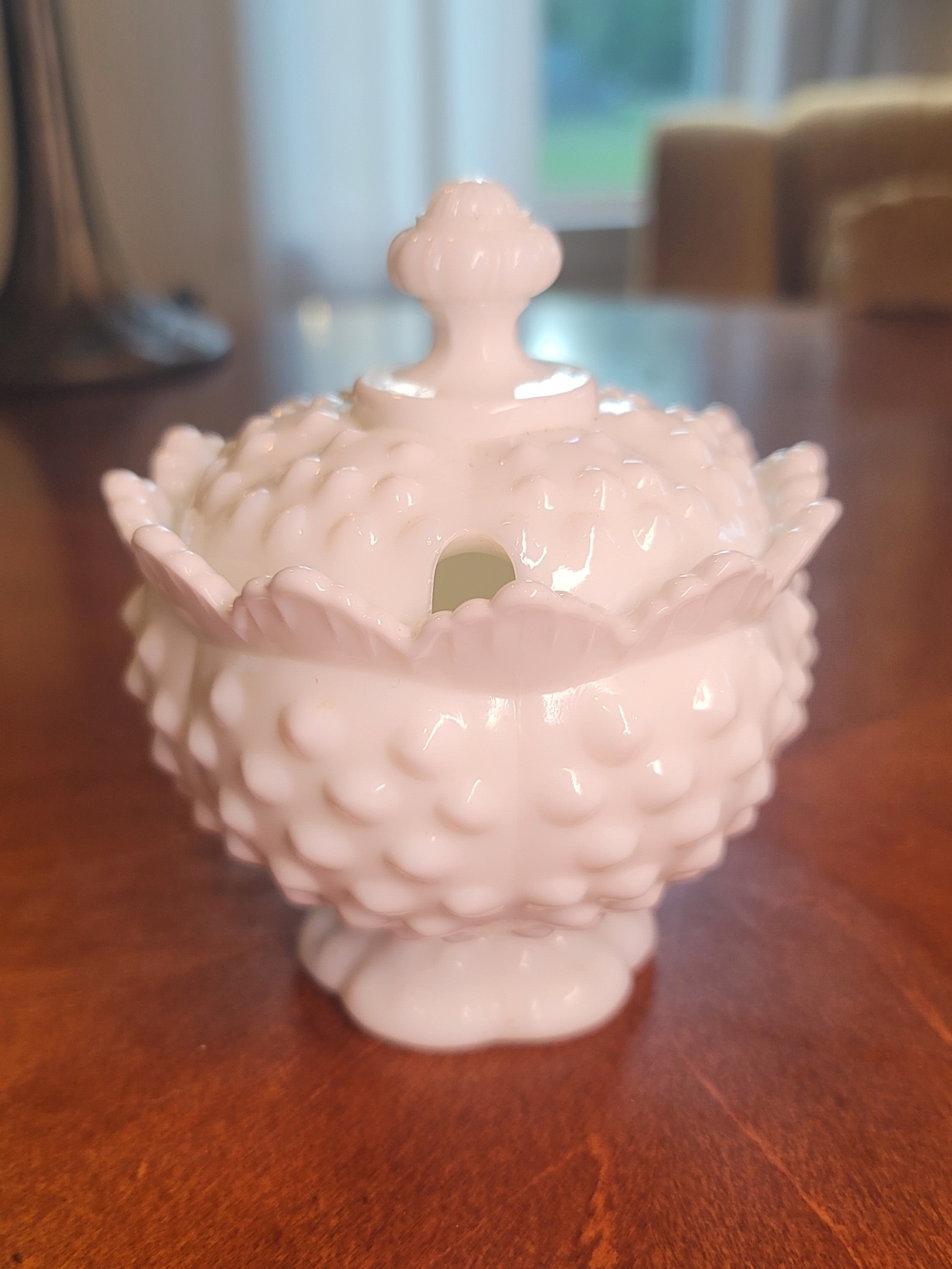 Fenton Hobnail Scalloped Milk Glass Lidded Sugar Bowl Condiment Jam